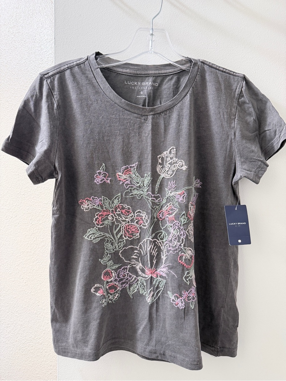 Lucky Brand Charcoal Floral Embroidered Short Sleeve Tee